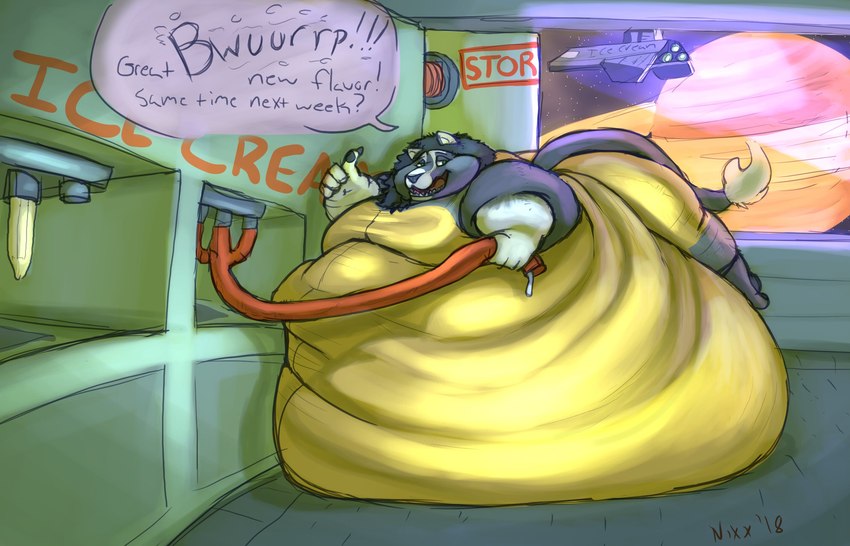 anthro belly big_belly big_butt burping butt clothed clothing dialogue fully_clothed fur gesture grey_body grey_fur hand_gesture holding_hose huge_belly hyper hyper_belly ice_cream_machine immobile lying male moobs morbidly_obese morbidly_obese_anthro obese obese_anthro on_front open_mouth overweight overweight_anthro pink_tongue planet skinsuit solo space spacecraft speech_bubble teeth text thumbs_up tight_clothing tongue vehicle weight_gain window yellow_clothing nixx august_(indigorho) felid lion mammal pantherine 2018 english_text hi_res signature