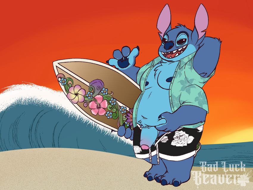 3_toes 4_arms 4_fingers aloha_shirt anthro anthrofied areola arm_tuft beach biped blue_areola blue_claws blue_eyes blue_nose blue_pawpads blue_penis chest_tuft claws clothed clothing elbow_tuft feet fingers flaccid flower foreskin genitals gesture hand_behind_head hand_gesture hand_on_belly head_tuft hibiscus holding_object humanoid_genitalia humanoid_penis looking_at_viewer male multi_arm multi_limb navel notched_ear open_clothing open_shirt open_topwear outside overweight overweight_anthro overweight_male pattern_clothing pattern_shirt pattern_topwear pawpads penis penis_poking_out plant sea seaside shaka_sign shirt solo standing sunset surfboard swimming_trunks swimwear toe_claws toes topwear tropical tuft vehicle water watercraft wave badluckbeaver disney lilo_and_stitch stitch_(lilo_and_stitch) alien experiment_(lilo_and_stitch) 2021 4:3 digital_drawing_(artwork) digital_media_(artwork) watermark