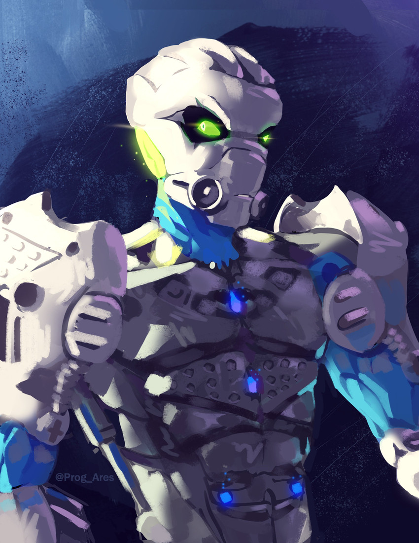 abstract_background armor blue_background blue_body blue_light front_view glowing glowing_eyes green_pupils green_sclera looking_aside machine male markings mask multicolored_body not_furry open_mouth pupils simple_background solo standing teeth two_tone_body white_body white_eyes yellow_light prog_ares bionicle lego matoro android humanoid robot robot_humanoid toa absurd_res digital_drawing_(artwork) digital_media_(artwork) half-length_portrait hi_res portrait signature