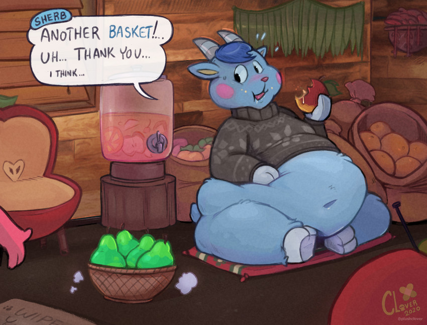 anthro belly blue_body blue_fur bottomless clothed clothing detailed_background eating food fruit fur male navel overweight overweight_anthro overweight_male pear plant solo weight_gain plushclover animal_crossing nintendo sherb_(animal_crossing) bovid caprine goat mammal