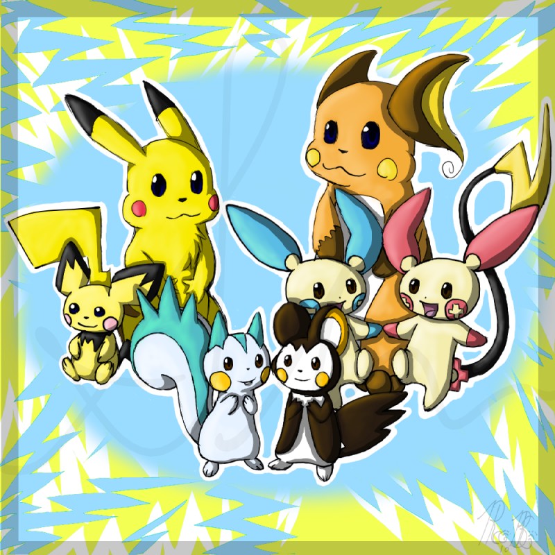 ambiguous_gender evolutionary_family feral fur group membrane_(anatomy) patagium smile yellow_body yellow_fur sinligereep nintendo pokemon emolga generation_1_pokemon generation_2_pokemon generation_3_pokemon generation_4_pokemon generation_5_pokemon mammal minun pachirisu pichu pikachu plusle pokemon_(species) raichu rodent sciurid 1:1