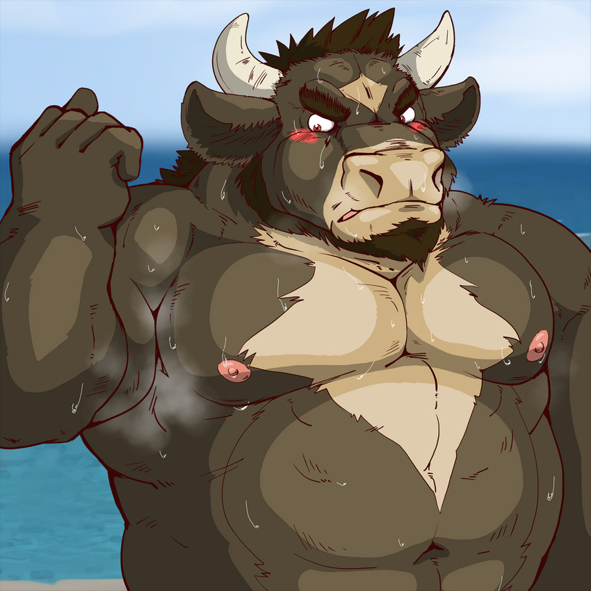 anthro belly blush bodily_fluids humanoid_hands kemono male moobs musclegut muscular navel nipples outside overweight overweight_anthro overweight_male solo sweat raichoclub bovid bovine cattle mammal 1:1 2019