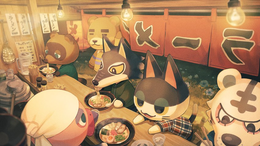 anthro beverage biped chopsticks clothed clothing eating egg_(food) flower food grass group lamp male noodles plant raised_hand ramen text saino_(artist) animal_crossing nintendo franklin_(animal_crossing) lobo_(animal_crossing) punchy_(animal_crossing) rolf_(animal_crossing) teddy_(animal_crossing) tom_nook_(animal_crossing) avian bear bird canid canine canis domestic_cat felid feline felis galliform mammal pantherine phasianid raccoon_dog tanuki tiger turkey wolf hi_res japanese_text