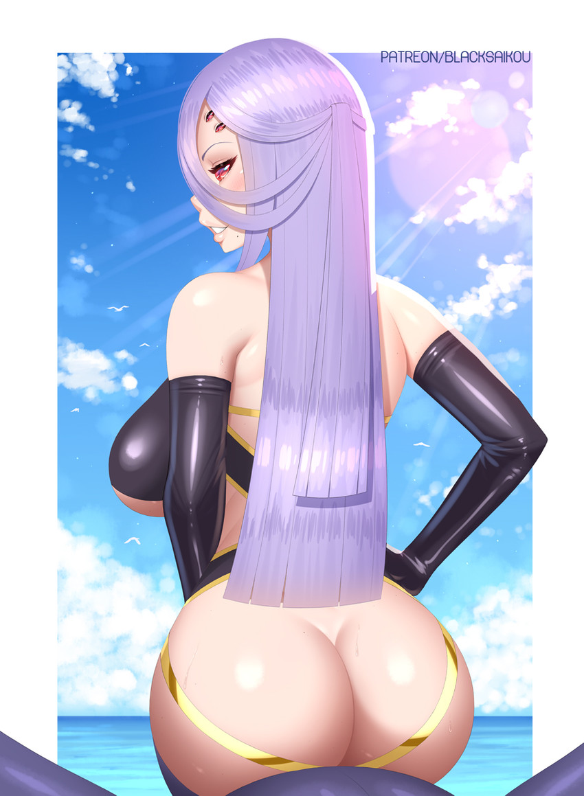 big_breasts big_butt breasts butt detailed_background female looking_at_viewer looking_back monster_girl_(genre) multi_eye solo blacksaikou european_mythology greek_mythology monster_musume mythology rachnera_arachnera_(monster_musume) arachne arachnid arachnid_taur arthropod arthropod_taur spider spider_taur taur hi_res