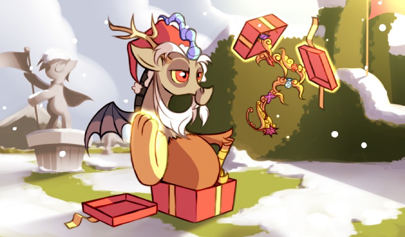 clothing cloud elements_of_harmony fake_beard feral gift grass hat headgear headwear holidays magic male outside plant sculpture snow solo statue yellow_eyes karzahnii christmas friendship_is_magic hasbro my_little_pony discord_(mlp) chimera draconequus