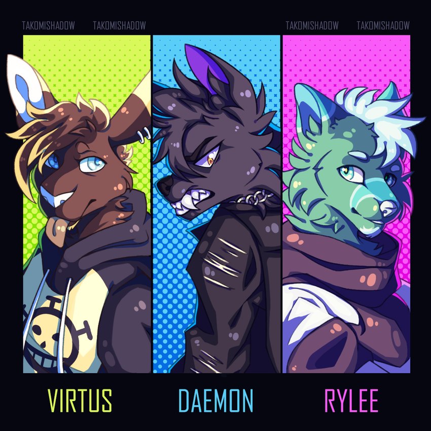 anthro blep group male male/male multicolor pose rgb_lighting smile snarling tongue tongue_out trio takomishadow canid canine canis demon fox hybrid macropod mammal marsupial wallaby wolf 1:1 pinup