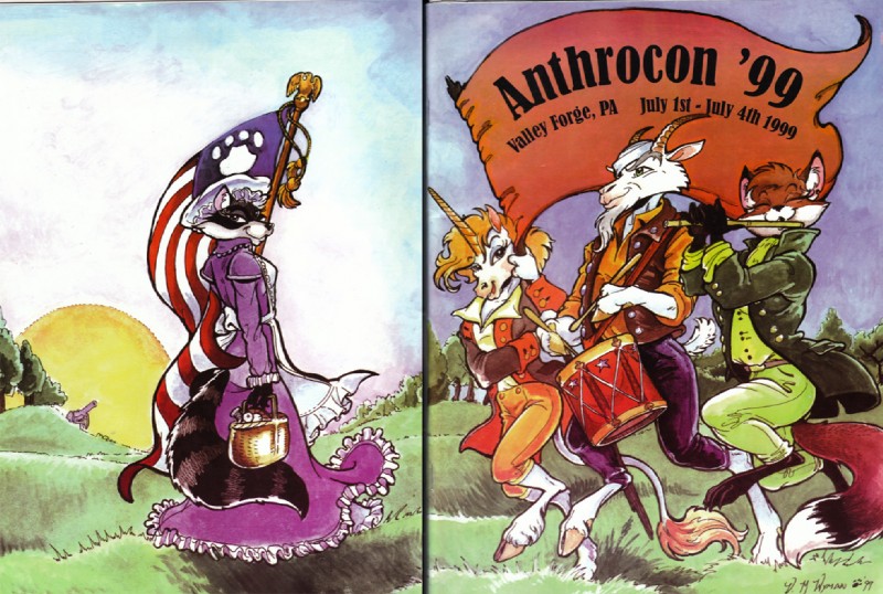 american_flag anthro apron basket bonnet button_(fastener) cannon clothing cloven_hooves con_book container cuff_links dress drum drumming_stick eyes_closed female fife_(musical_instrument) flag flagpole footprint frilly furry_convention grass green_eyes group headgear headwear hooves horn lacing looking_at_viewer male marching musical_instrument pawprint percussion_instrument percussion_mallet picnic plant ranged_weapon ribbons solo spool sun tassels text thread topwear tree united_states_of_america vest vintage weapon wind_instrument vicky_wyman anthrocon mythology alicia_(vicky_wyman) fatima_(vicky_wyman) accipitrid accipitriform avian bird bovid canid canine caprine eagle equid equine fox goat mammal mythological_creature mythological_equine procyonid raccoon unicorn 1999 cover english_text multiple_images signature