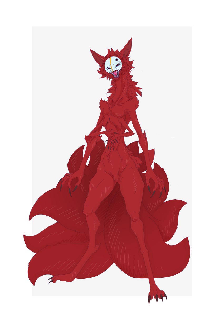 4_arms 9_tails anthro biped black_sclera claws digitigrade featureless_crotch female fluffy fluffy_tail front_view head_tuft looking_at_viewer multi_arm multi_limb multi_tail nude open_mouth red_body red_eyes simple_background solo standing tail teeth toe_claws tongue tuft dktorzi jiang_ziya daji canid canine demon fox mammal 2024 absurd_res hi_res