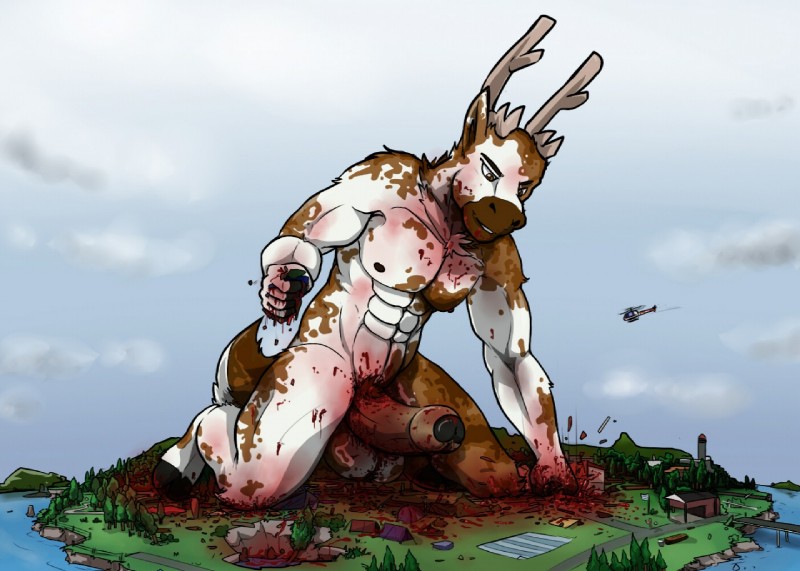 aircraft antlers blood bodily_fluids genitals gore gore_focus helicopter horn island macro male massacre muscular muscular_male penis solo vehicle arrwulf serb_(character)