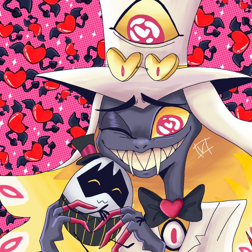 anthro bow_tie bright_colors clothed clothing cute_fangs duo egg fangs gloves handwear hat headgear headwear heart_eyes heart_symbol male open_mouth shirt smile teeth topwear maiseyissilly sirpent hazbin_hotel egg_boiz_(hazbin_hotel) precious sir_pentious'_hat sir_pentious_(hazbin_hotel) reptile scalie snake 1:1 digital_media_(artwork) hi_res