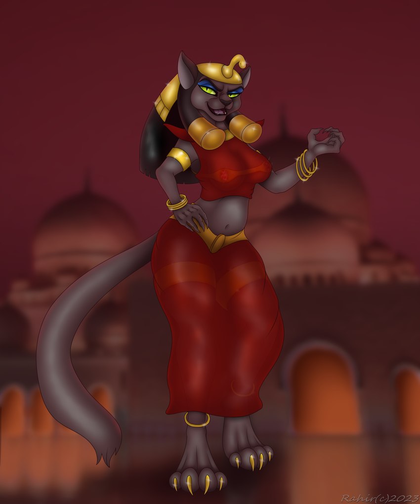 anthro breasts exposure_variation female front_view pose show solo rahir_(artist) aladdin disney disney's_aladdin mirage_(disney) domestic_cat felid feline felis mammal 5:6 digital_media_(artwork) hi_res