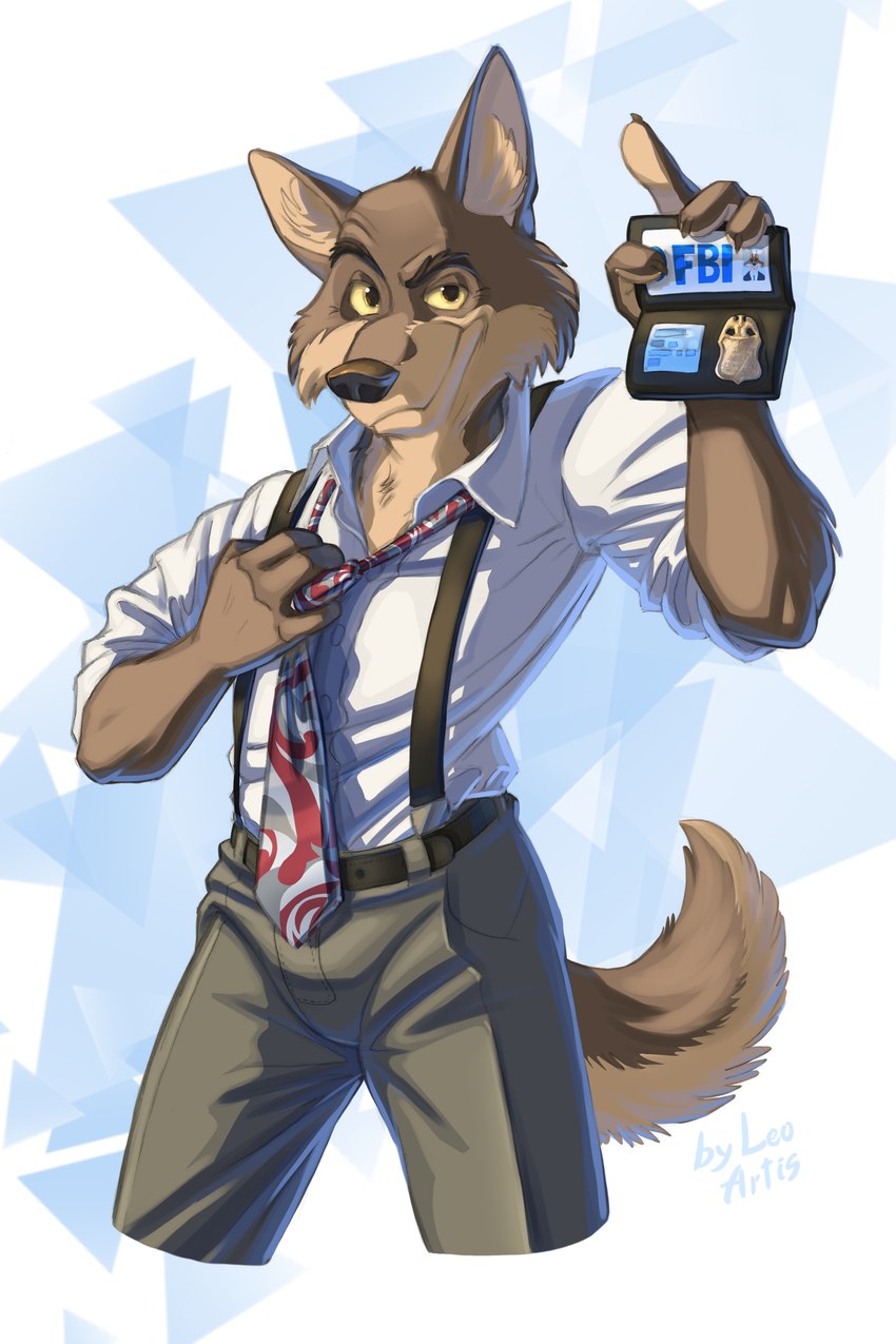 agent anthro badge belt bottomwear clothing detective gradient_background id_card male necktie pants shirt simple_background smile solo topwear triangle_(shape) white_clothing white_shirt white_topwear leo-artis blacksad fbi fan_character canid canine canis coyote mammal 2022 absurd_res digital_media_(artwork) hi_res