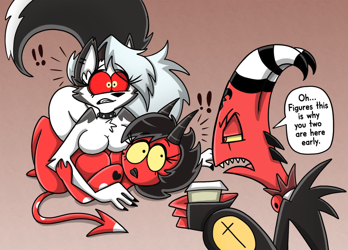 anthro big_breasts black_lips breasts clothed clothing coffee_cup collar container cup exclamation_point female female/female fur grey_body grey_fur grey_hair group hair horn lips male markings nude open_mouth pointed_tail red_body red_eyes red_sclera speech_bubble spiked_collar spikes teeth text trio white_body white_fur shinragod hellaverse helluva_boss mythology blitzo_(helluva_boss) loona_(helluva_boss) millie_(helluva_boss) canid canid_demon canine demon hellhound humanoid imp mammal mythological_canine mythological_creature 2026 digital_media_(artwork) english_text hi_res