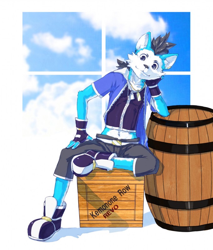 anthro barrel box capri_pants clothed clothing container ear_piercing hair looking_at_viewer male midriff mohawk piercing ponytail solo tokonatu utau rou_kemonone canid canine canis mammal wolf hi_res