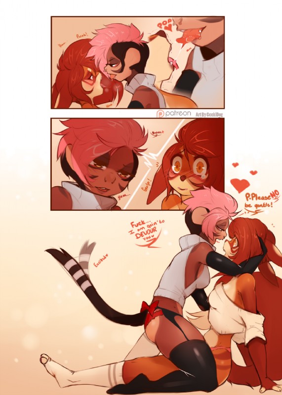 anthro blush bodily_fluids clothed clothing dirty_talk duo female female/female foreplay french_kissing heart_symbol kissing saliva saliva_string smile text geekidog cookie_(solfanger) felid haplorhine mammal monkey primate comic digital_media_(artwork) english_text hi_res shaded