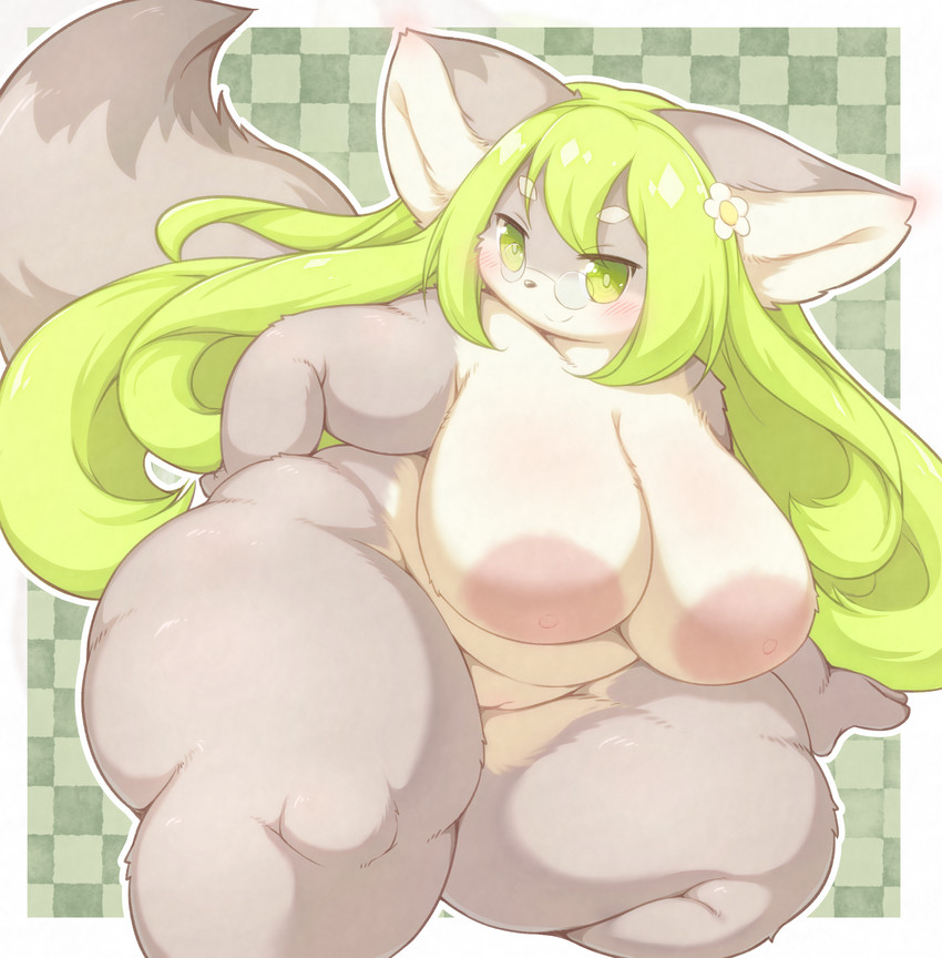 accessory anthro areola belly big_breasts blush border breasts checkered checkered_background dipstick_ears dipstick_tail ear_markings eyebrows eyewear female female_anthro flower fur genitals glasses green_eyes green_hair grey_body grey_fur hair hair_accessory hand_on_hip happy huge_breasts inverted_nipples kemono looking_at_viewer markings multicolored_body multicolored_ears multicolored_fur multicolored_tail nipples nude overweight overweight_anthro overweight_female pattern_background plant plump_labia pussy simple_background smile solo tail tail_markings thick_thighs wearing_glasses white_body white_border white_fur radiowave cyberconnect2 drecom full_bokko_heroes oota_suketomo_(full_bokko_heroes) canid canine fox mammal 2021 digital_media_(artwork) hi_res