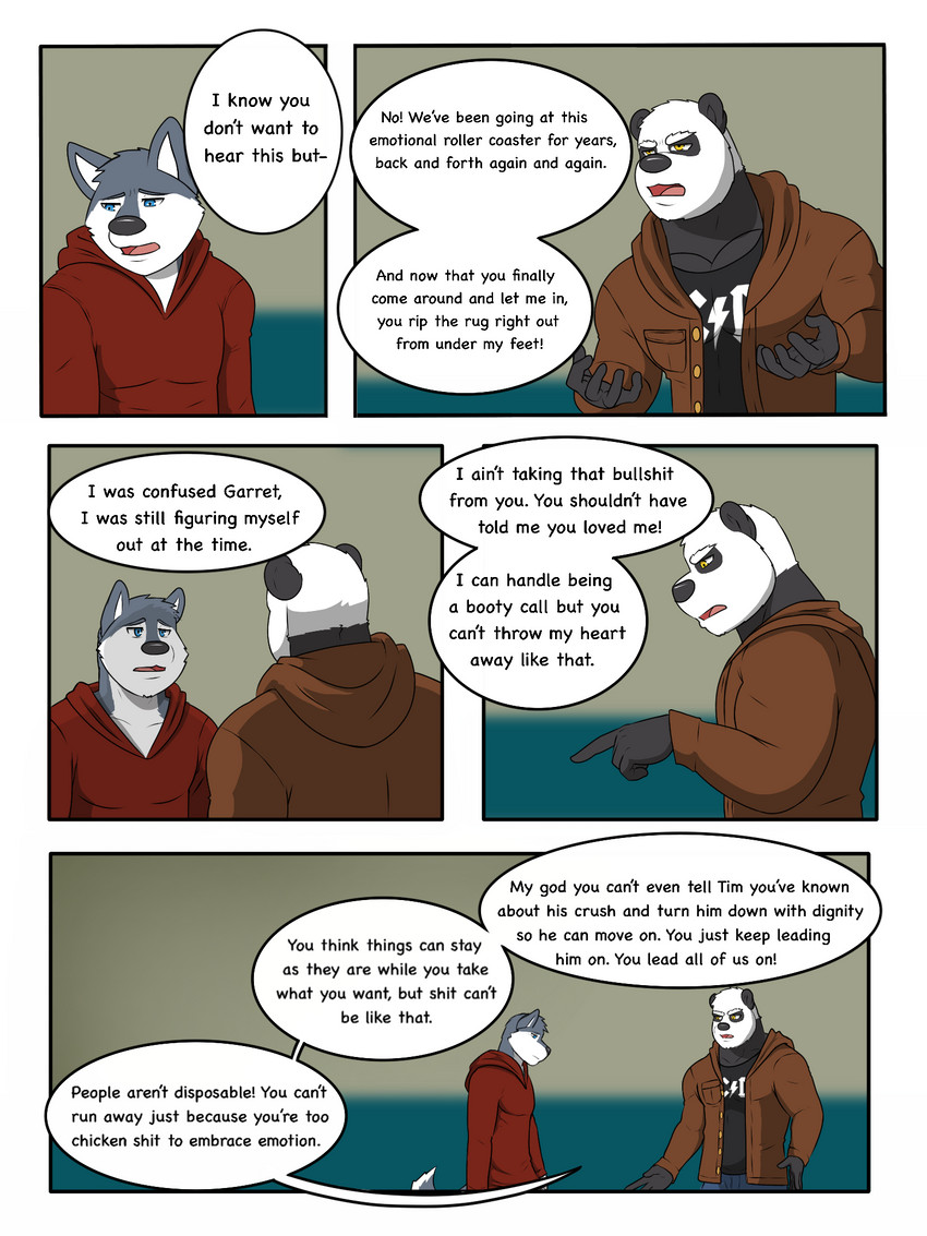 anthro clothing dialogue fur group male profanity speech_bubble text rain-yatsu seattle_fur garret_(rain-yatsu) rainier_(rain-yatsu) bear canid canine canis domestic_dog giant_panda husky mammal nordic_sled_dog spitz 3:4 comic english_text hi_res