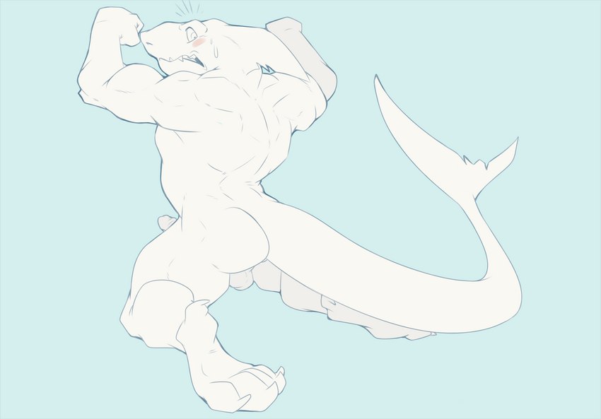 5_toes anthro balls blue_background blush butt claws erection feet fin genitals head_fin humanoid_genitalia humanoid_penis kneeling male muscular muscular_anthro muscular_male nude penis simple_background solo tail tail_fin teeth toes dragondrawer fish marine shark