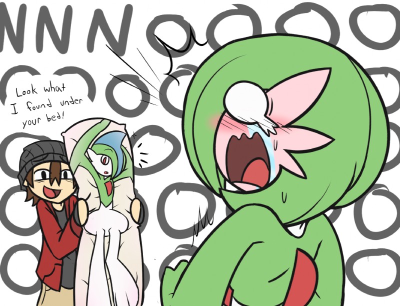 blush bodily_fluids body_pillow brown_hair clothing dakimakura dakimakura_pillow female green_hair group hair hat headgear headwear male not_furry open_mouth pillow red_eyes smile tears text thick_calves thin_thighs tongue wide_hips rakkuguy nintendo pokemon airalin gallade gardevoir generation_3_pokemon generation_4_pokemon human mammal pokemon_(species) english_text