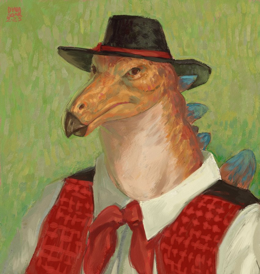 anthro beak black_clothing black_hat black_headwear blue_spines brown_eyes clothed clothing cowboy cowboy_hat farmer folk_clothes france green_background hat headgear headwear impressionist_background kerchief looking_at_viewer male markings neckerchief neckwear orange_body orange_markings pointillism post-impressionism rancher red_clothing red_kerchief red_neckerchief red_topwear red_vest scales shirt simple_background solo spines topwear traditional_dress vest white_clothing white_shirt white_topwear dyna_soar dinosaur ornithischian prehistoric_species reptile scalie stegosaurian stegosaurus thyreophoran 2023 bust_portrait digital_media_(artwork) digital_painting_(artwork) hi_res portrait signature three-quarter_portrait