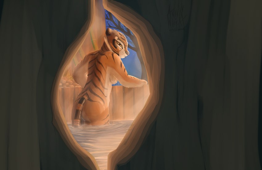 anthro bathing breasts discovered female looking_at_another looking_at_viewer narrowed_eyes nude partially_submerged peephole peeping solo wet anonyxnugax dreamworks kung_fu_panda master_tigress felid mammal pantherine tiger absurd_res hi_res