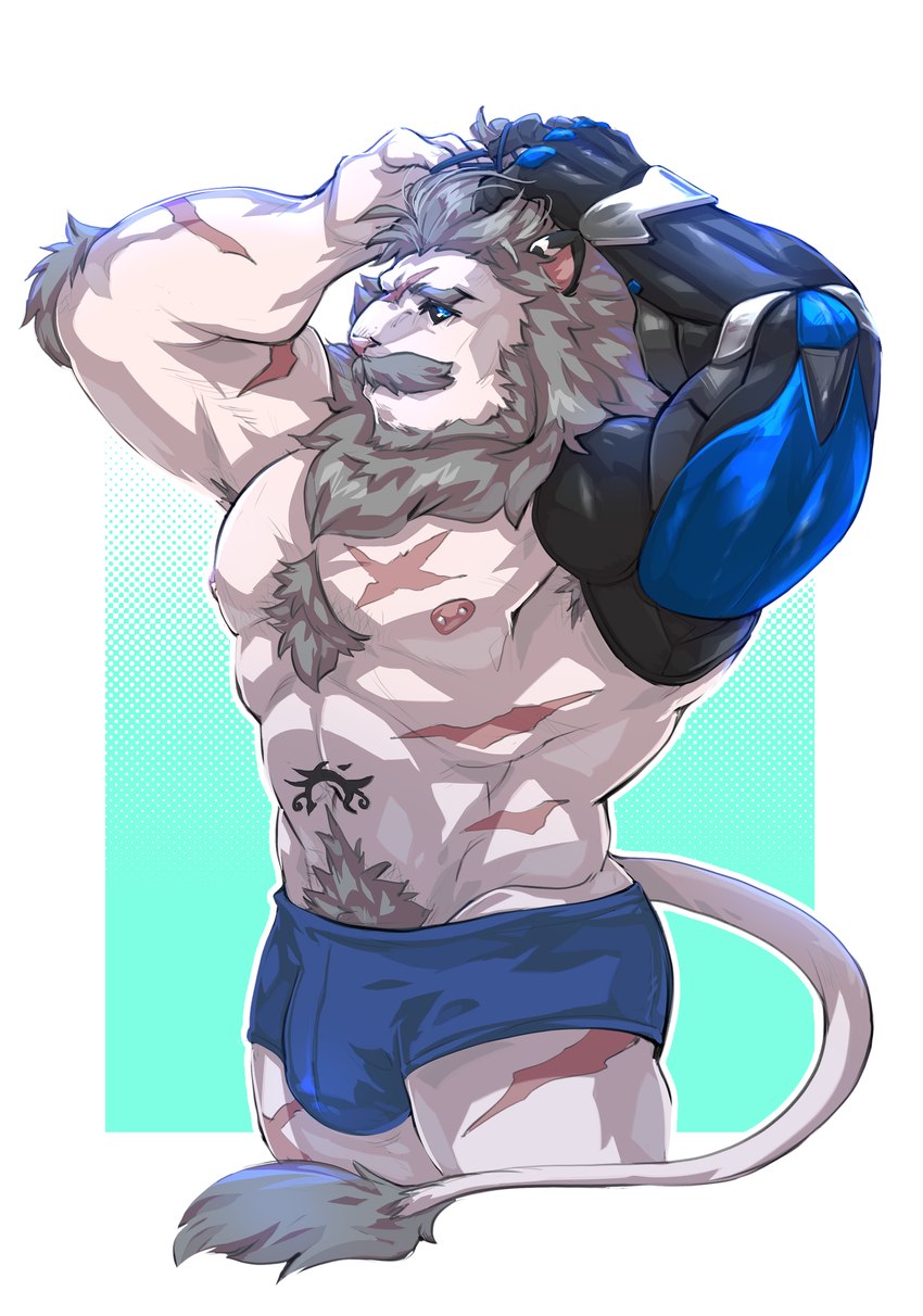 anthro armpit_hair body_hair bulge clothing cybernetic_arm cybernetic_limb facial_hair male mature_male muscular muscular_male mustache piercing prosthetic prosthetic_arm prosthetic_limb pubes scar solo tattoo underwear kumammoto_(artist) felid lion mammal pantherine hi_res