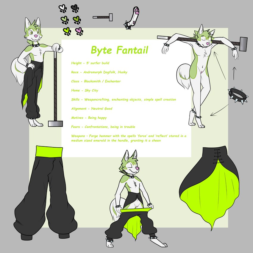 andromorph anklet anthro bracelet cape cheek_tuft chest_tuft clothed clothing collar eyes_closed facial_tuft fur genitals green_body green_eyes green_fur hammer harem_pants head_tuft inner_ear_fluff intersex jewelry leaning_on_object legband multicolored_body multicolored_fur navel no_underwear nude pawpads pink_nose pink_pawpads presenting presenting_pussy pulling_pants_down pussy solo spiked_anklet spiked_bracelet spiked_collar spiked_legband spikes spread_legs spreading text tools topless tuft two_tone_body two_tone_fur white_body white_fur sillydraco byte_fantail_(character) canid canine canis domestic_dog husky mammal nordic_sled_dog spitz 1:1 absurd_res english_text hi_res model_sheet