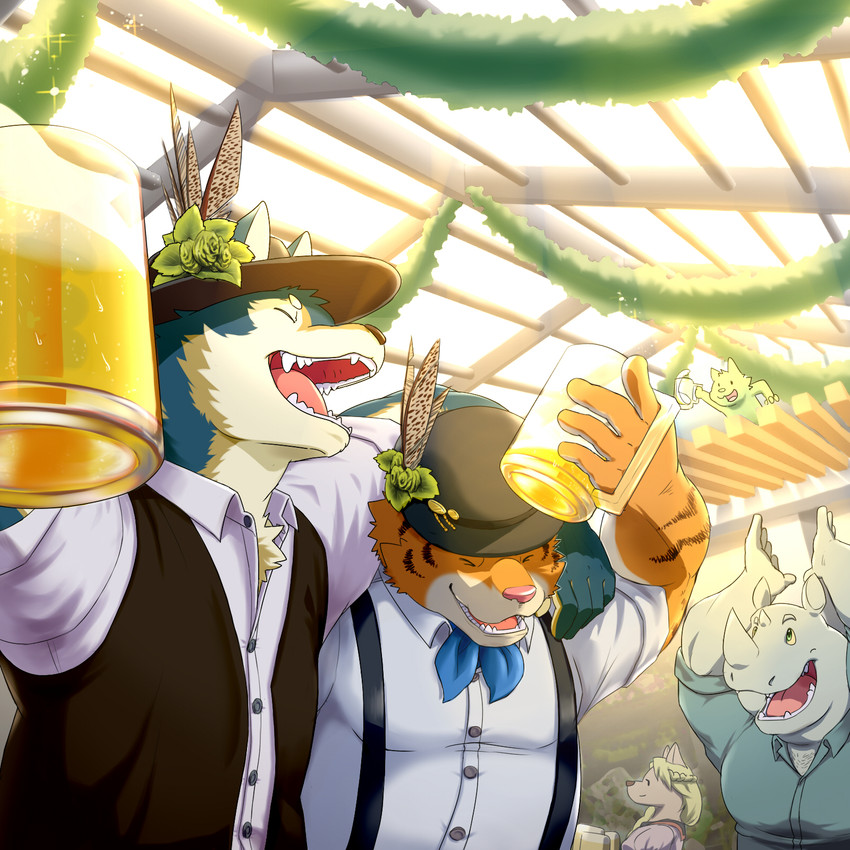 alcohol anthro beer belly beverage clothing detailed_background eyes_closed group horn hug humanoid_hands kemono male overweight overweight_male shirt topwear wdh3905 canid canine canis felid mammal pantherine rhinoceros tiger wolf 1:1 2015 hi_res