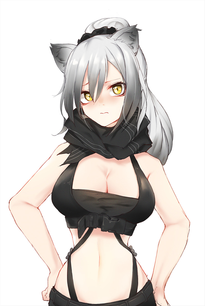 big_breasts blush breasts cleavage clothed clothing female grey_hair hair hand_on_hip looking_at_viewer navel scarf simple_background solo white_background yellow_eyes inniyik arknights hypergryph studio_montagne schwarz_(arknights) animal_humanoid humanoid 2020 hi_res