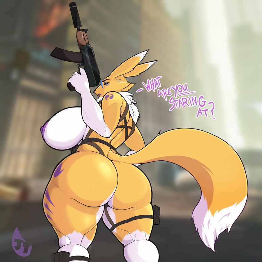 aks-74u anthro areola bad_trigger_discipline big_breasts big_butt blurred_background breasts butt cursed_gun curvy_figure eyeshadow female fur gun holding_gun holding_object holding_ranged_weapon holding_weapon huge_breasts huge_butt looking_at_viewer looking_back looking_back_at_viewer makeup mostly_nude nipples purple_areola purple_nipples ranged_weapon rear_view solo standing text thick_thighs voluptuous weapon wide_hips yellow_body yellow_fur jawful bandai_namco digimon canid digimon_(species) mammal renamon 1:1 absurd_res colored digital_drawing_(artwork) digital_media_(artwork) english_text hi_res