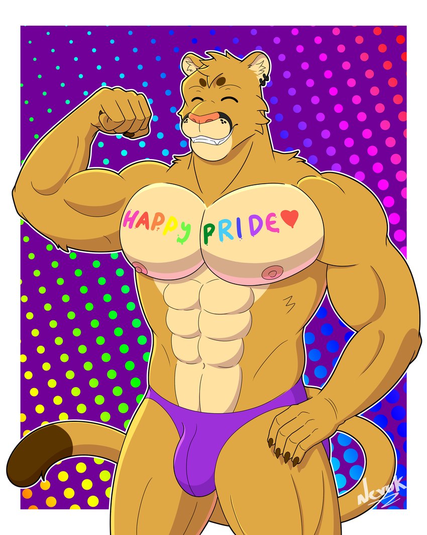 1978_rainbow_pride_colors abs anthro biceps big_breasts big_pecs bodypaint breasts broad_shoulders claws clothed clothing ear_piercing ear_ring eyes_closed fangs flexing flexing_bicep fur furry_ears hair hand_on_hip head_tuft lgbt_pride male markings multicolored_tail multicolored_text muscular muscular_anthro muscular_male nipples pecs piercing pink_nipples pink_nose pride pride_color_background pride_color_bodypaint pride_color_text pride_colors rainbow_pride_colors ring_piercing simple_background smile smiley_face solo speedo speedo_only spiky_hair spots spotted_markings swimwear tail tan_body tan_fur teeth text thong topless topwear triceps tuft underwear whisker_markings whisker_spots yellow_body yellow_fur neruk neruk_(character) cougar felid feline mammal 4:5 absurd_res half-length_portrait hi_res portrait