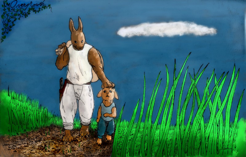 anthro black_eyes clothing cloud duo glowing grass gravel knife long_ears looking_at_viewer looking_back outside plant sky white_clothing holt5 overgrowth lagomorph leporid mammal rabbit absurd_res colored hi_res oil_painting_(artwork) painting_(artwork) traditional_media_(artwork) watermark father_(lore) parent_(lore) son_(lore)