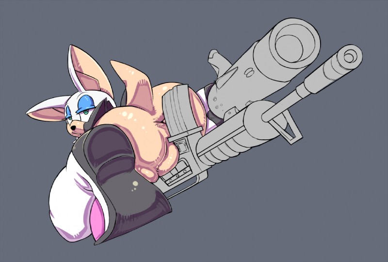 anthro anus ar-15 assault_rifle blue_eyes crouching female genitals grenade_launcher gun looking_back m203 m4 pussy ranged_weapon rifle simple_background solo weapon wings r-fenrir sega sonic_the_hedgehog_(series) rouge_the_bat bat mammal