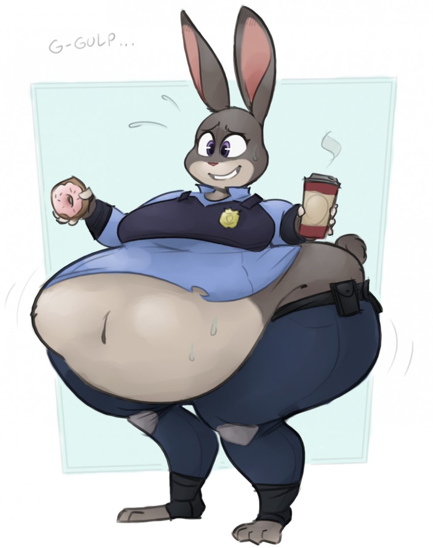 anthro belly belly_overhang beverage big_belly big_breasts big_butt bodily_fluids bottomwear breasts butt clothing deep_navel female flying_sweatdrops food front_view fur grey_body grey_fur grin holding_beverage holding_coffee holding_doughnut holding_food holding_object huge_butt huge_hips huge_thighs hyper hyper_hips midriff morbidly_obese morbidly_obese_anthro morbidly_obese_female multicolored_body multicolored_fur navel nervous obese obese_anthro obese_female overweight overweight_anthro overweight_female pants police police_officer purple_eyes shirt simple_background smile solo sweat sweatdrop text thick_thighs three-quarter_view toeless_legwear topwear torn_clothing torn_shirt torn_topwear two_tone_body two_tone_fur weight_gain wide_hips nightmarebros ridiculouscake third-party_edit disney zootopia judy_hopps lagomorph leporid mammal rabbit 2022 color_edit colored english_text full-length_portrait hi_res portrait