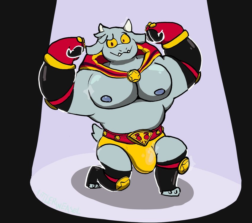 anthro biceps big_bulge biped bulge championship_belt flexing fur grey_body grey_fur horn male male_anthro muscular muscular_anthro muscular_male nipples pecs red_eyes solo wrestling_briefs yellow_sclera pop_goes_weasel kings_of_hell enfer_belial bovid caprine goat mammal hi_res