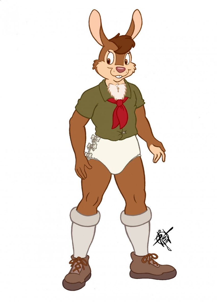 1990s anthro brown_body brown_eyes brown_hair buckteeth clothed clothing diaper diaper_cover footwear hair long_socks male neck_tuft scout_uniform shoes simple_background solo teeth tuft wearing_diaper white_background vawlkee bobby_bunny_(vawlkee) lagomorph leporid mammal rabbit digital_media_(artwork) hi_res signature