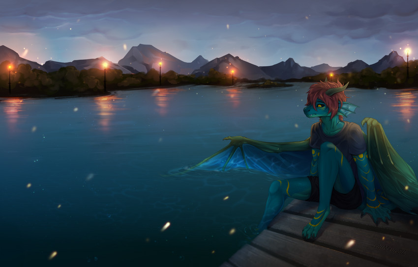 anthro bottomwear brown_hair clothed clothing cloud detailed_background glowing hair lake male membrane_(anatomy) membranous_wings mountain outside overcast partially_submerged pier relaxing shirt shorts sitting sky solo street_lamp t-shirt topwear twilight water wings ishimaurell mythology inkh dragon mythological_creature mythological_scalie scalie cloudy_(disambiguation) digital_media_(artwork) hi_res shaded signature