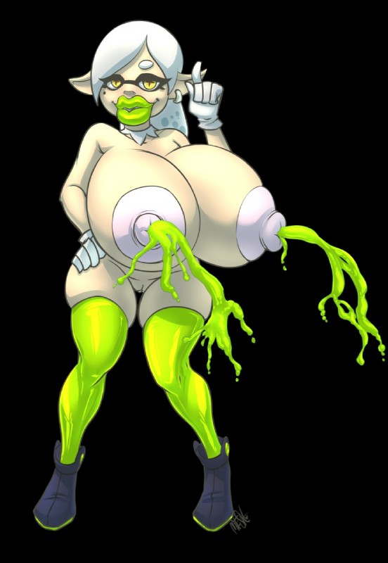 areola big_breasts black_background bodily_fluids breasts colored_lactation ear_piercing female genitals green_lactation lactating lactating_ink lips markings mole_(marking) nipples piercing pussy simple_background solo thick_lips unusual_bodily_fluids unusual_lactation meshpet nintendo splatoon marie_(splatoon) animal_humanoid cephalopod cephalopod_humanoid humanoid inkling marine marine_humanoid mollusk mollusk_humanoid hi_res