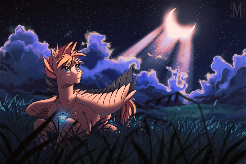 feathered_wings feathers female feral fur grass green_eyes inner_ear_fluff jewelry moon necklace night outside plant sky solo star starry_sky tan_body tan_fur tuft wings margony hasbro my_little_pony mythology fan_character equid equine mammal mythological_creature mythological_equine pegasus detailed digital_media_(artwork) hi_res shaded