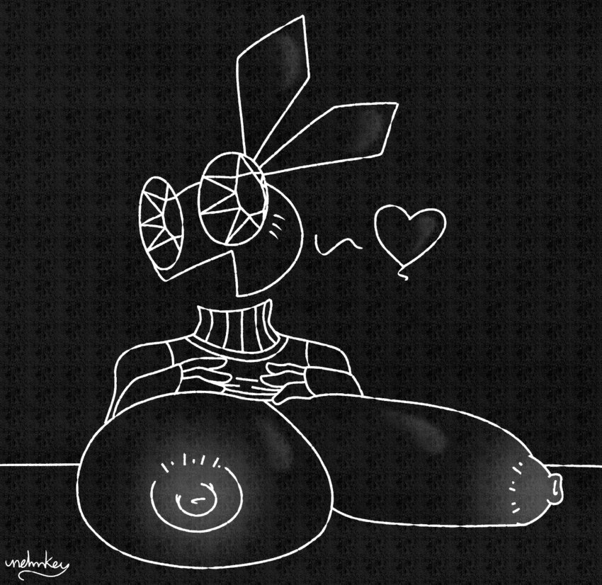 anthro big_breasts breasts clothed clothing clothing_lift female flashing heart_symbol nipples open_mouth shirt shirt_lift smile solo topwear nehmkey vib-ribbon vibri lagomorph leporid mammal rabbit 2024 black_and_white digital_media_(artwork) hi_res monochrome signature