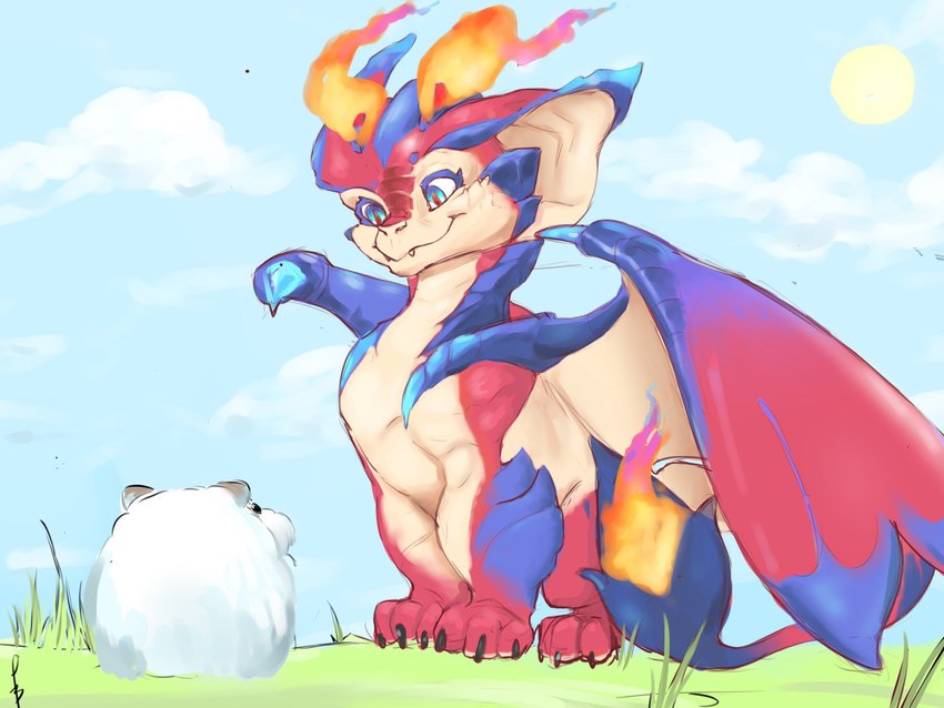 cloud duo feral fire grass membrane_(anatomy) membranous_wings plant quadruped smile sun tail wings young young_feral sir_frederick league_of_legends mythology riot_games tencent poro_(lol) smolder_(lol) dragon mythological_creature mythological_scalie poro scalie 4:3 hi_res