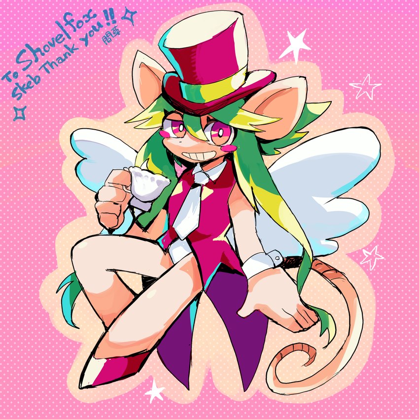 anthro blush blush_stickers clothing container cuff_links cup feathered_wings feathers female green_hair grin hair hat headgear headwear heart_symbol long_hair necktie rat_ears rat_tail smile solo tail tea_cup top_hat wings uso_1023 mad_rat_dead nippon_ichi_software rat_god_(mad_rat_dead) mammal murid murine rat rodent 1:1 hi_res