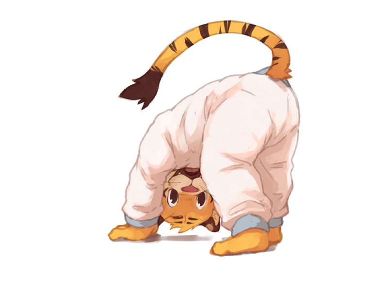 ambiguous_gender anthro barefoot clothed clothing feet markings pink_nose simple_background solo striped_markings striped_tail stripes tail tail_markings white_background young lowerkuo felid mammal pantherine tiger 2018 4:3