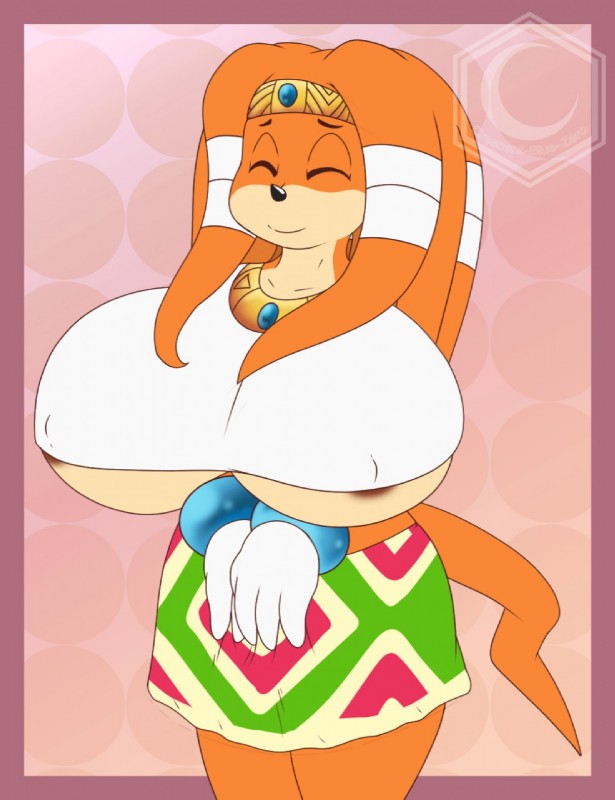 anthro big_breasts breasts clothed clothing eyes_closed female gloves handwear huge_breasts hyper hyper_breasts smile solo standing under_boob crescent-blue-zero sega sonic_adventure sonic_the_hedgehog_(series) tikal_the_echidna echidna mammal monotreme hi_res