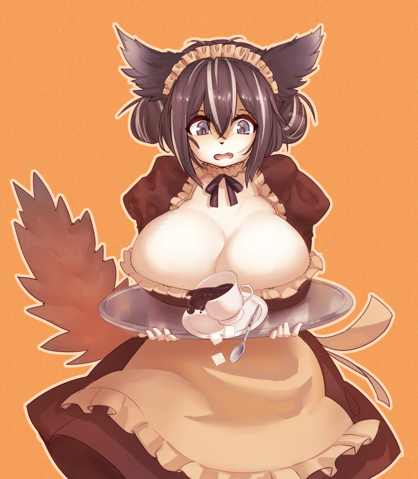 5_fingers alternative_fashion anthro apron beverage big_breasts black_clothing black_nose bow_(feature) breasts brown_eyes brown_hair classic_lolita cleavage clothed clothing clothing_bow coffee container cup cute_fangs cutlery fangs female female_anthro fingers fluffy fluffy_ears fluffy_tail frilly frilly_clothing fur hair holding_object huge_breasts j-fashion kemono kitchen_utensils lolita_(fashion) looking_at_viewer maid_headdress maid_uniform multicolored_body multicolored_fur off_balance open_mouth orange_background ribbons serving serving_beverage short_hair simple_background solo spoon tail teeth tools tray uniform waiter white_body white_clothing white_fur momomofura canid canine canis domestic_dog mammal 2021 digital_media_(artwork) hi_res portrait three-quarter_portrait