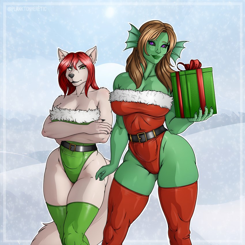 anthro belt big_breasts black_sclera breasts brown_hair christmas_clothing christmas_present cleavage clothed clothing crossed_arms duo female frill_(anatomy) fur gift green_body green_clothing green_eyes green_latex green_legwear green_leotard green_skin green_thigh_highs grumpy hair holding_present holidays latex latex_clothing latex_legwear latex_leotard latex_thigh_highs legwear leotard looking_at_viewer purple_eyes red_clothing red_hair red_latex red_legwear red_leotard red_thigh_highs standing thigh_highs white_body white_fur planktonheretic christmas animal_humanoid canid canine fish fish_humanoid fox humanoid mammal marine marine_humanoid 1:1 2023 hi_res