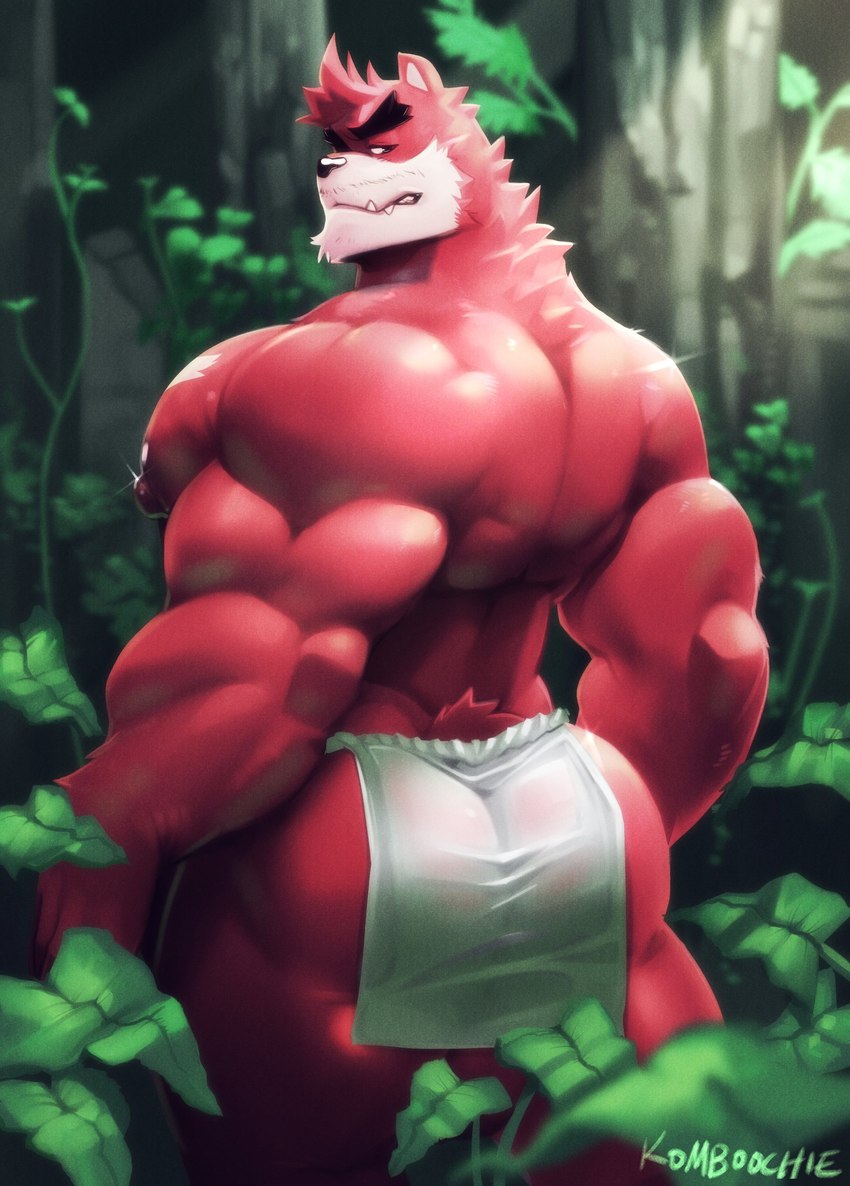 anthro back_muscles big_muscles black_nose bottomwear brown_body brown_fur brown_nipples butt clothed clothing eyebrows forearm_muscles forest fur loincloth loincloth_only looking_back male muscular muscular_anthro muscular_male nipples outside plant red_body red_fur small_tail solo standing tail thick_eyebrows topless tree triceps white_bottomwear white_clothing white_loincloth cursedmarked studio_chizu the_boy_and_the_beast kumatetsu bear mammal ursine 2021 absurd_res hi_res