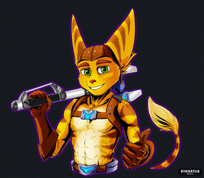 abs anthro belt clothing gesture gloves green_eyes hand_gesture handwear harness looking_at_viewer male muscular muscular_male omniwrench pilot_hat smile solo stripes tail thumbs_up utility_belt sygnatus ratchet_and_clank sony_corporation sony_interactive_entertainment ratchet_(ratchet_and_clank) lombax mammal absurd_res hi_res