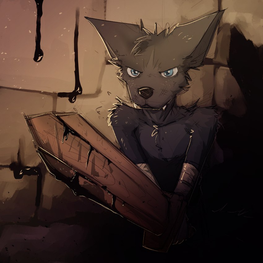 anthro black_body black_fur blue_eyes clothed clothing fangs fur male solo teeth topless wooden_sword wraps young young_anthro young_male dakkawoof dakka canid canine canis mammal wolf 1:1 2023 hi_res