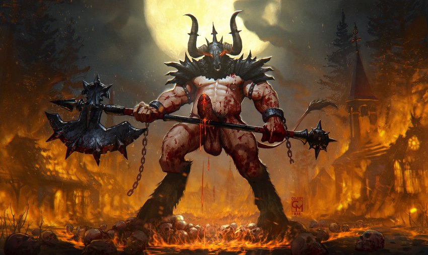 armor axe balls bodily_fluids bone burning_building cum erection facial_piercing fire genital_fluids genitals glowing glowing_eyes headgear helmet horn lava lava_cum looking_at_viewer male melee_weapon moon muscular muscular_male nipple_piercing nipple_ring nipples nose_piercing nose_ring penis piercing pubes ring_piercing skull solo unusual_bodily_fluids unusual_cum unusual_genital_fluids weapon celeryman6 european_mythology greek_mythology mythology bovid bovine demon mammal minotaur absurd_res hi_res